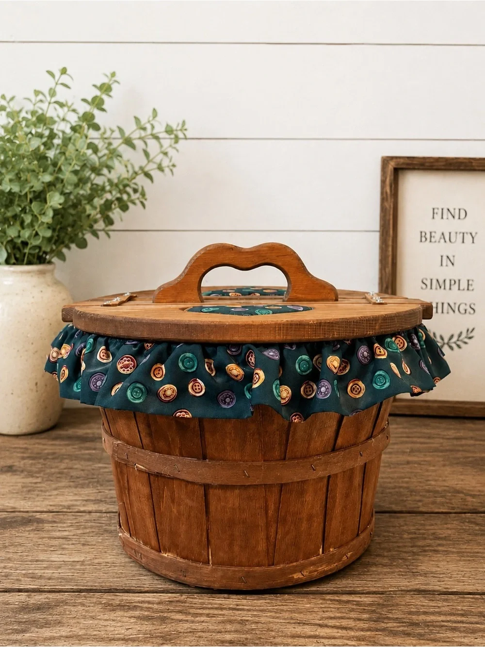 Vintage Wooden Sewing Basket with Button Print Fabric & Heart Cutouts